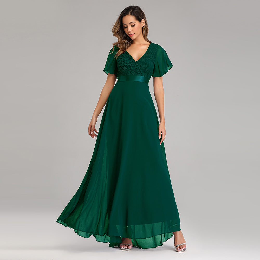 Elegant V Neck Solid Evening Dress Green