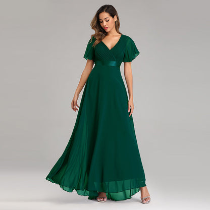 Elegant V Neck Solid Evening Dress Green