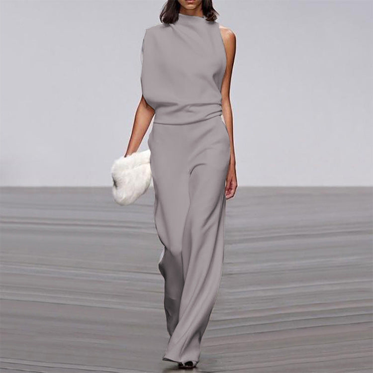 Solid Color One Shoulder Jumpsuit Dark Gray
