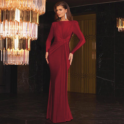 Slim Fit Round Neck Long Sleeves Dress Red