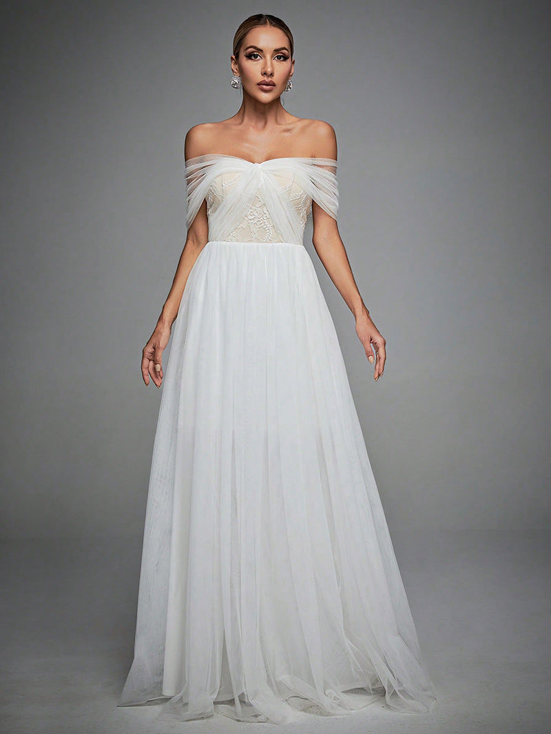Open Back Off Shoulder A Line Gown White