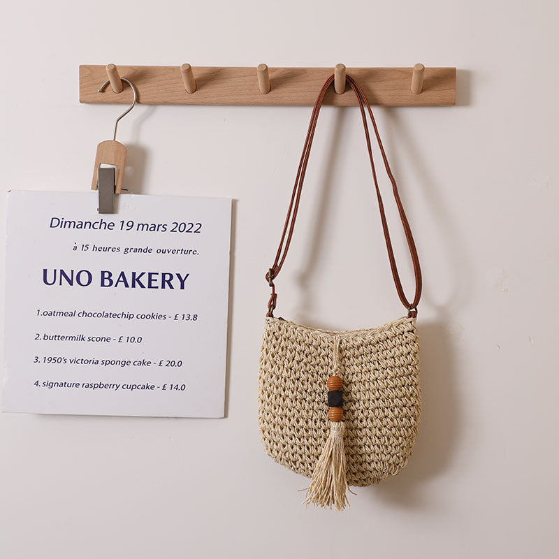 Casual Crossbody Crochet Bag One Size Wooden Bead Tassel M
