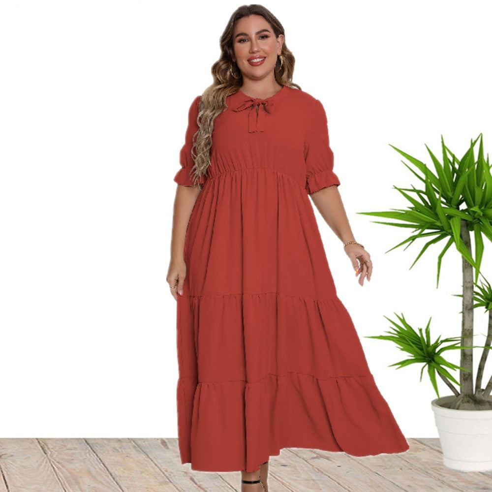 Day to Night Round Neck Short Sleeve Bow Dress Red