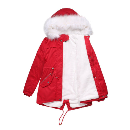 Mid-Length Fleece Lined Coat with Fur Collar Jujube Red