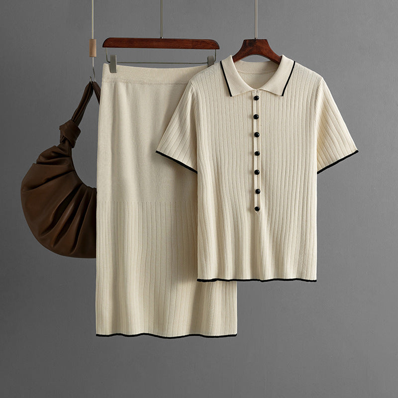Elegant Knitted Skirt Set with Polo Collar One Size Apricot