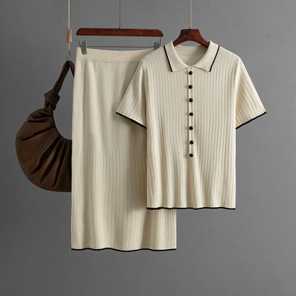 Elegant Knitted Skirt Set with Polo Collar One Size Apricot