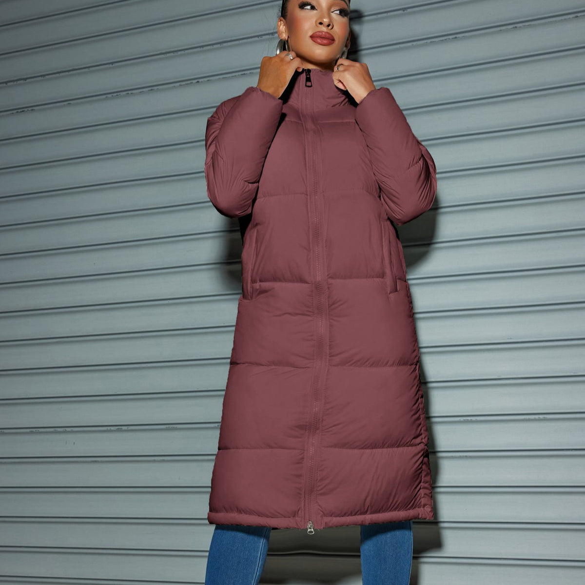 Solid Zipped Long Cotton Jacket Brown Red