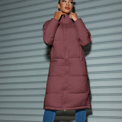 Solid Zipped Long Cotton Jacket Brown Red