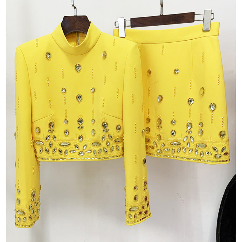 Goods Stars Heavy Industry Beads Diamond Inlaid Short Top Mid Length Skirt Set Two Piece Set Yellow