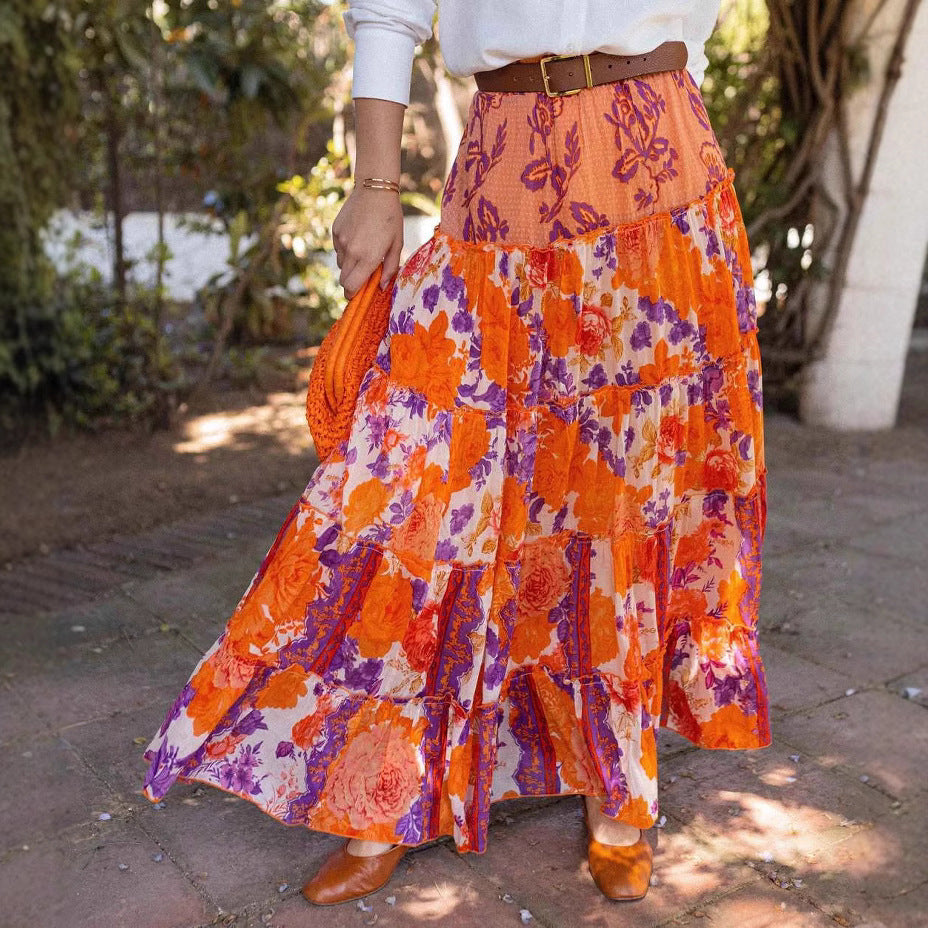 Summer Bohemian Wide Hem Printed Pleated Skirt Orange