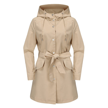 Hooded Waterproof Loose Trench Coat Apricot