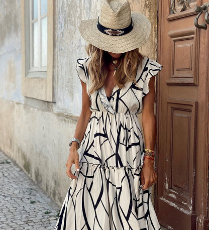 Spring Summer Dress Geometric Abstract Printed V neck Ruffled Large Swing Dress White