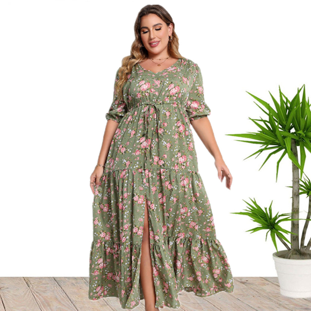 Casual Bohemian Print Loose Dress Army Green
