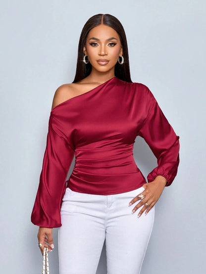 One Shoulder Long Sleeves Top Red