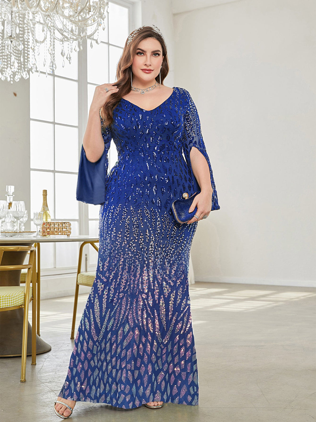 Plus Size Long Sleeve Deep V Plunge Sexy Dress Evening Cocktail Party Dress royal blue