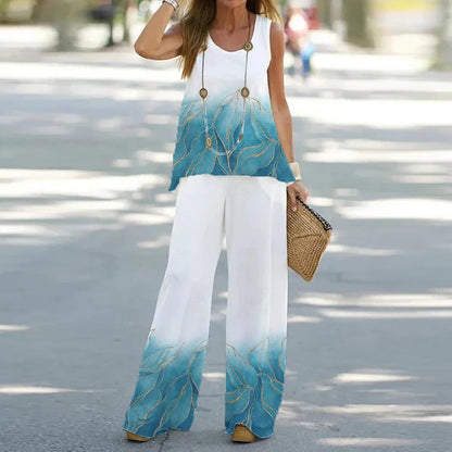 Printed Sleeveless Top and Bottom Set Blue and White Gradient