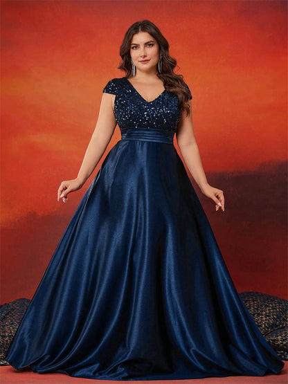 Sequined V neck Evening Dress Navy Blue
