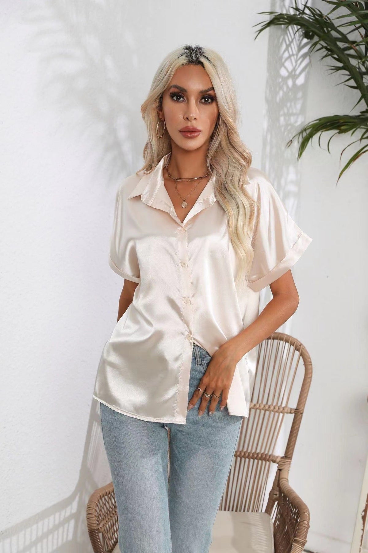 Short Sleeve Satin Button Shirt Casual Loose Top Women Gold