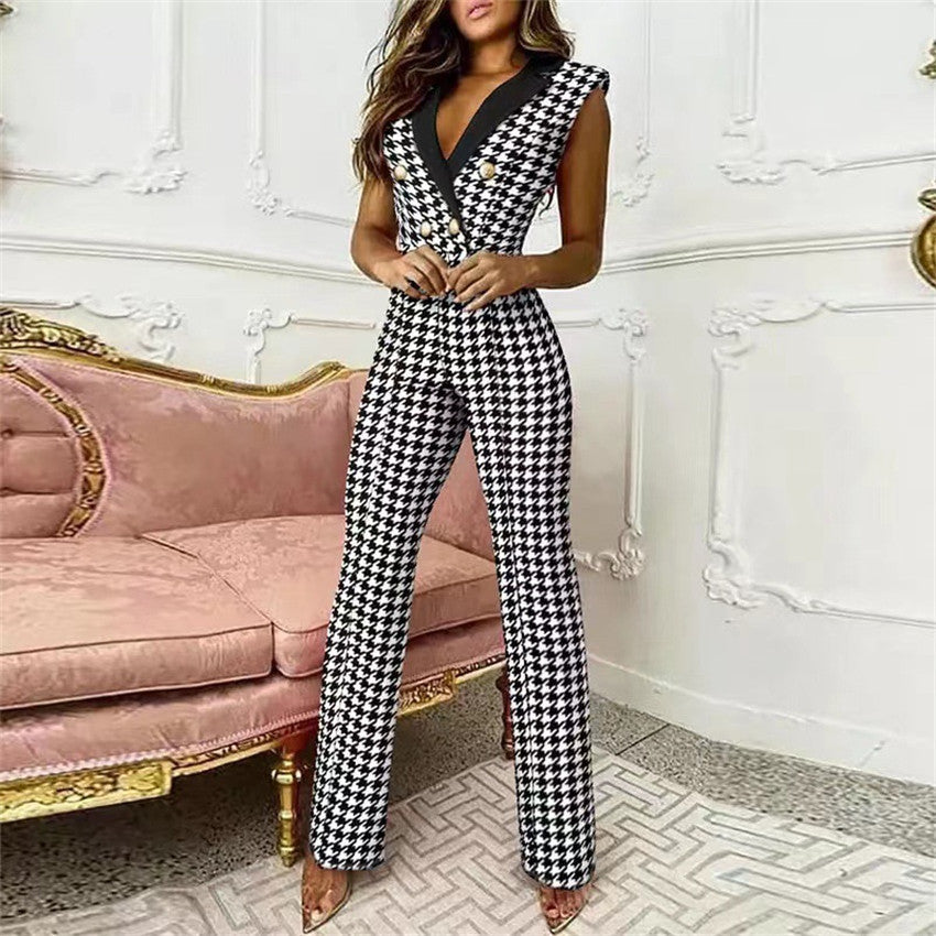 V-neck Sleeveless Houndstooth Jumpsuit Houndstooth-White