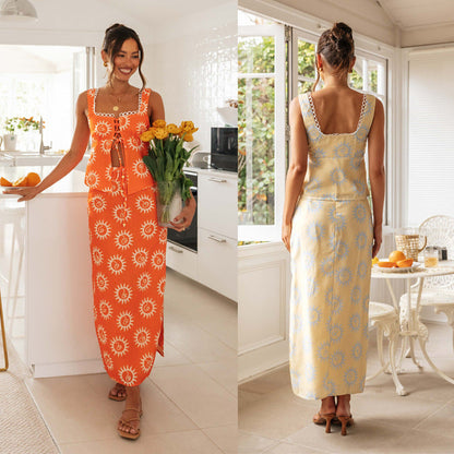Printed Crop Top and Skirt Set