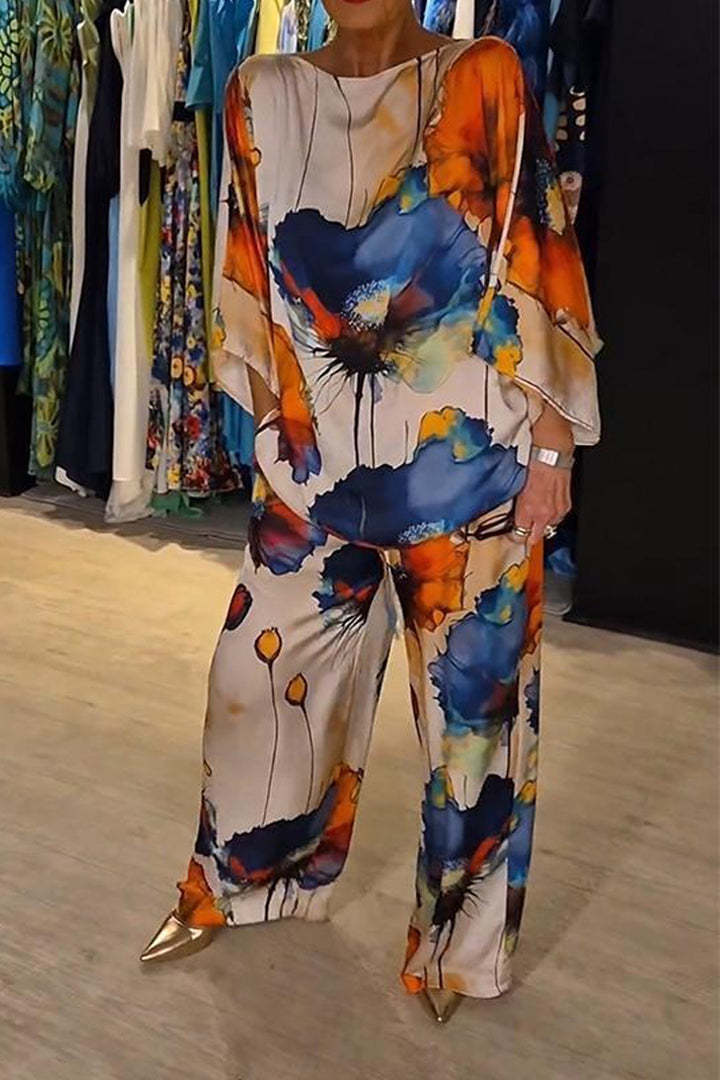Unique Elegant Satin Loose Fit Printed Batwing Sleeve Set Blue