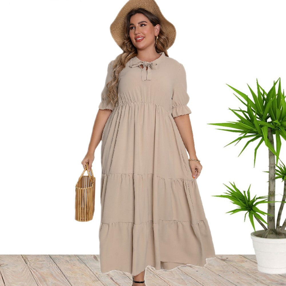 Day to Night Round Neck Short Sleeve Bow Dress Apricot