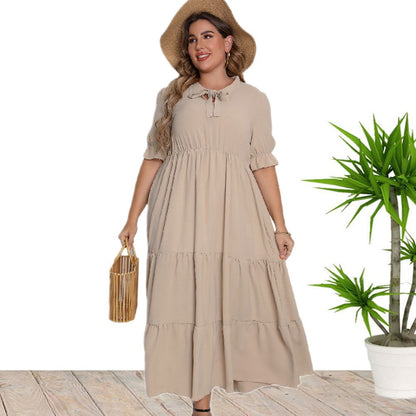 Day to Night Round Neck Short Sleeve Bow Dress Apricot