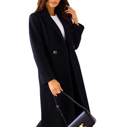 Solid Color Long Sleeve Woolen Coat Black