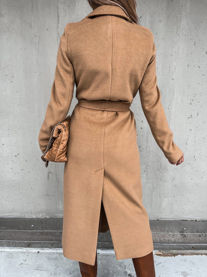 Solid Color Woolen Long Sleeve Trench Coat