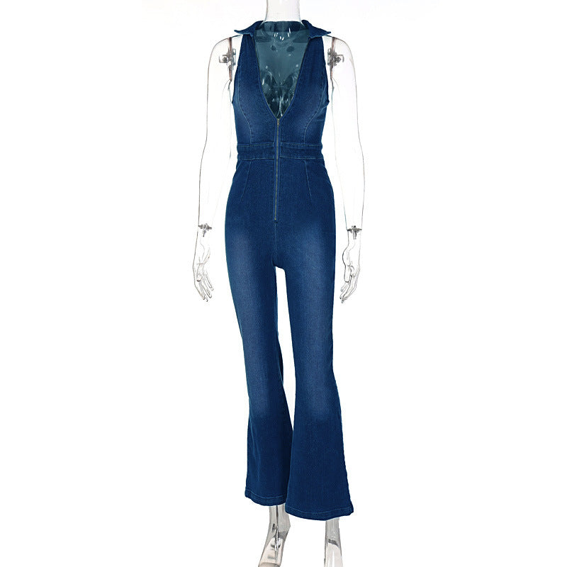Sleeveless V-neck High Waist Vintage Denim Jumpsuit Blue
