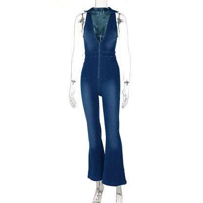 Sleeveless V-neck High Waist Vintage Denim Jumpsuit Blue