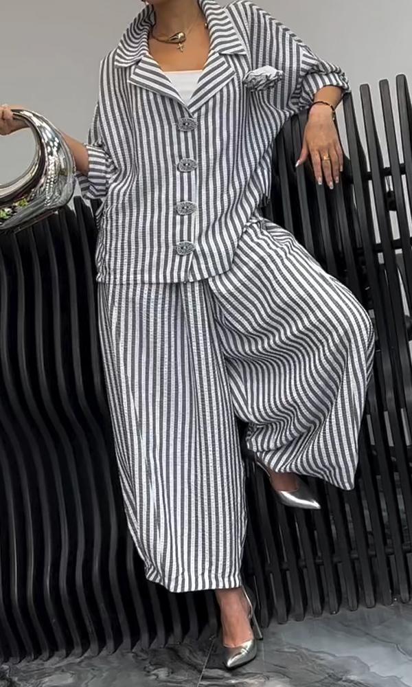 Wide Leg Pinstripe Loose Casual Sets Gray