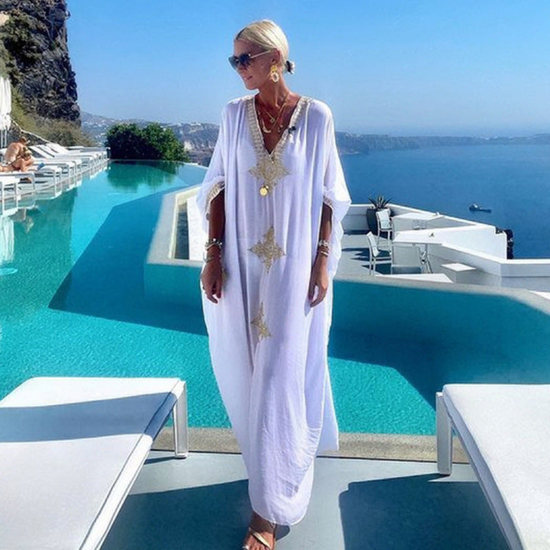 White Embroidered Kaftan Dress One Size White