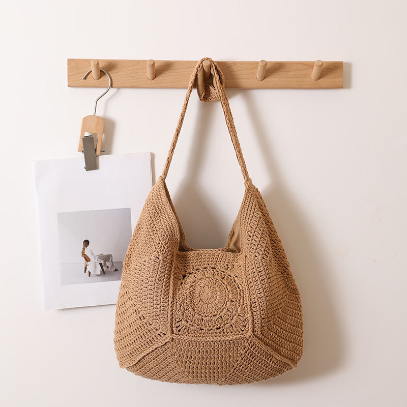 Classic Cotton Crochet Shoulder Bag One Size Brown