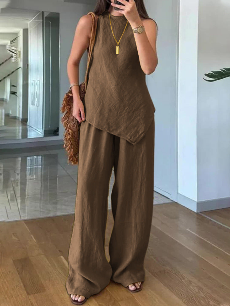 Irregular sleeveless casual two-piece set Brown