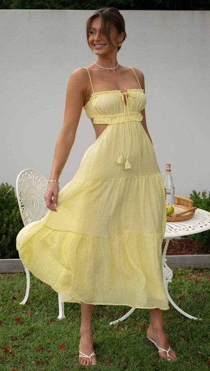V Neck Sleeveless Solid Maxi Dress Yellow