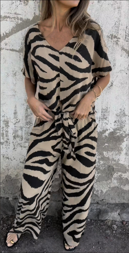 Zebra Pattern V neck Lace up Top Wide Leg Pants Two Piece camel
