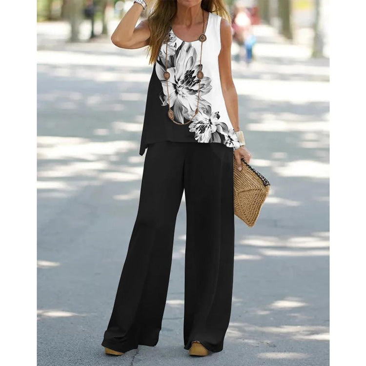 Printed Sleeveless Top and Bottom Set Black and White Big Flower