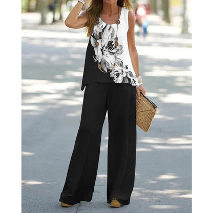 Printed Sleeveless Top and Bottom Set Black and White Big Flower