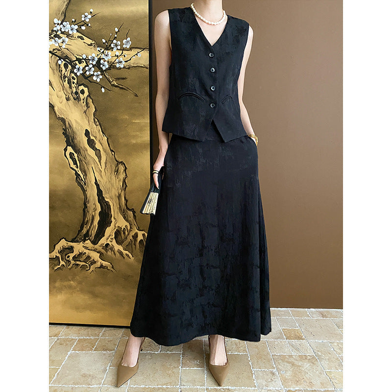 Chinese Elegant Jacquard Chinese Vest Skirt Two Piece Set Early Spring Black Skirt