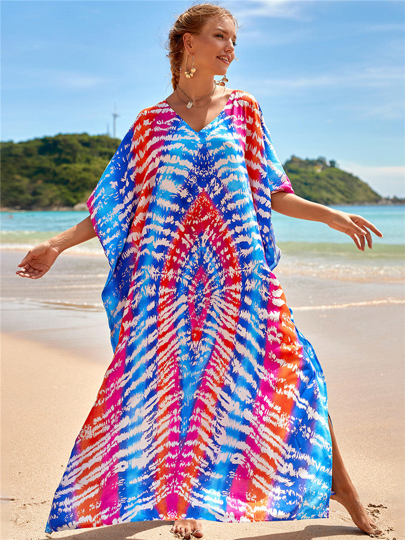 New Positioning Printing Beach Cover-up Sexy Cardigan Dress Beach Cover Up One Size Blue and Red Tie-Dye