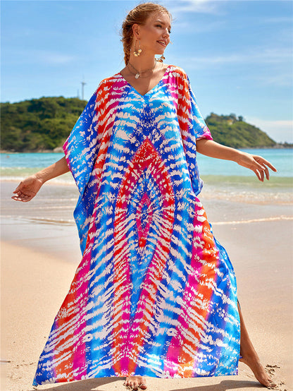New Positioning Printing Beach Cover-up Sexy Cardigan Dress Beach Cover Up One Size Blue and Red Tie-Dye