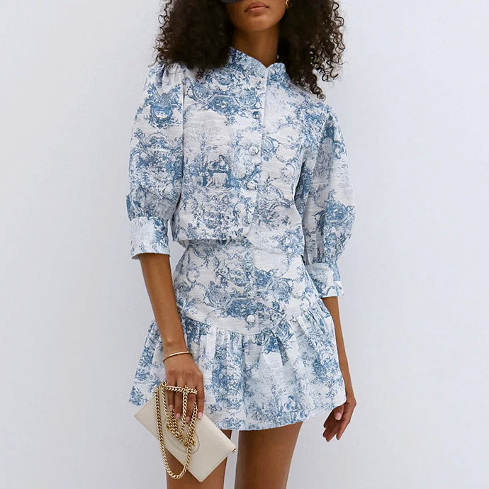 Stand Collar Printed Slim Fit Skirt Set