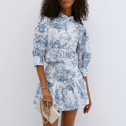 Stand Collar Printed Slim Fit Skirt Set