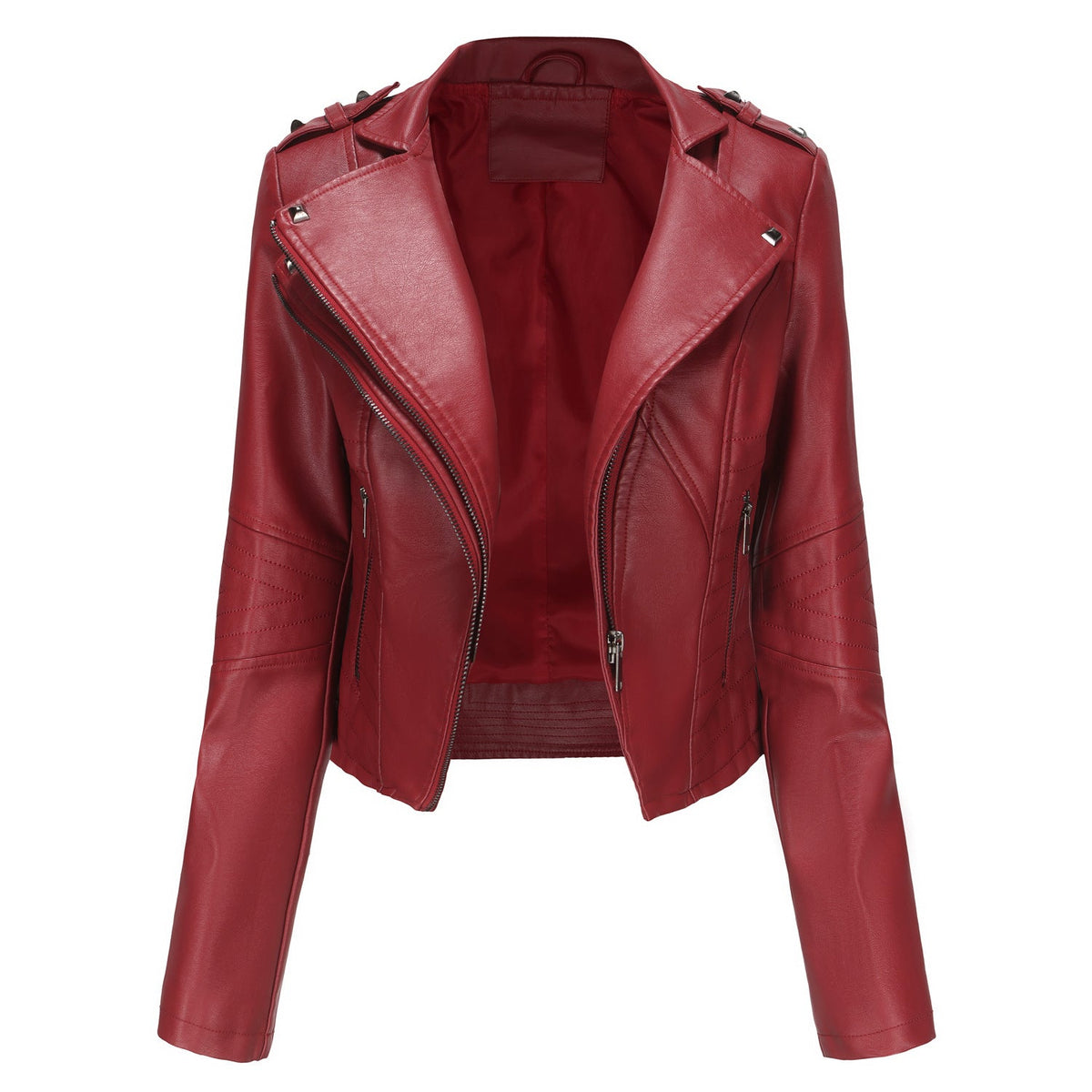 Slim Fit Long Sleeved Leather Jacket Burgundy