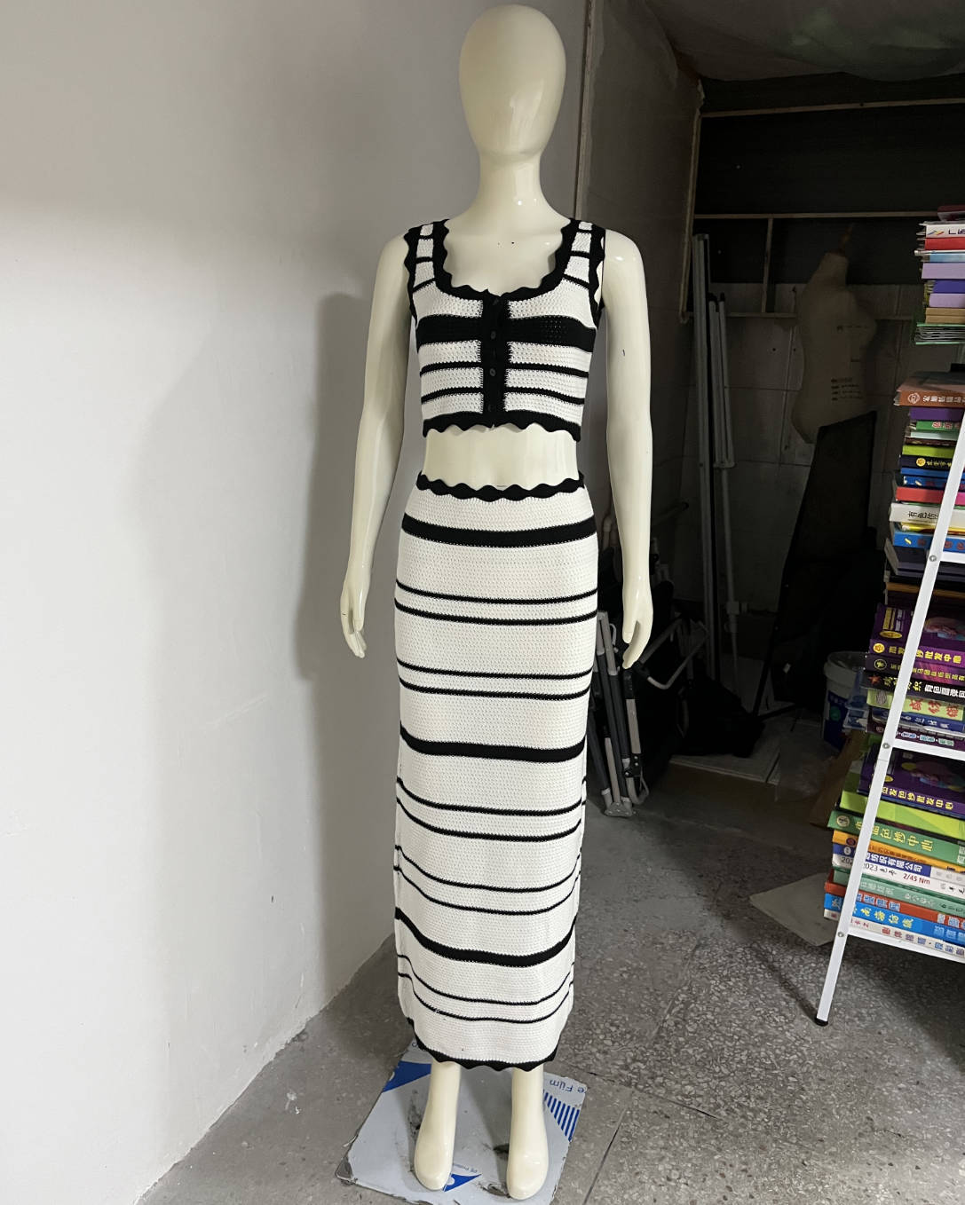Striped Casual Vest Top Beach Bohemian Contrast Color Long Skirt Knitting Set Women White