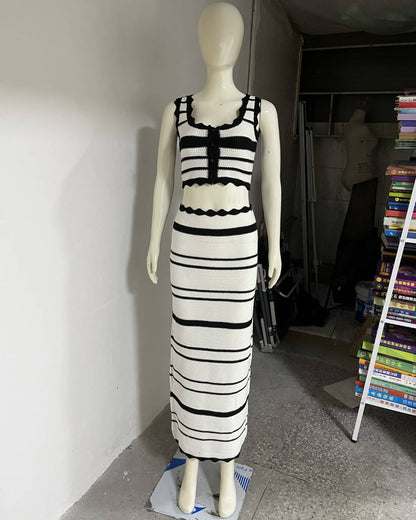 Striped Casual Vest Top Beach Bohemian Contrast Color Long Skirt Knitting Set Women White