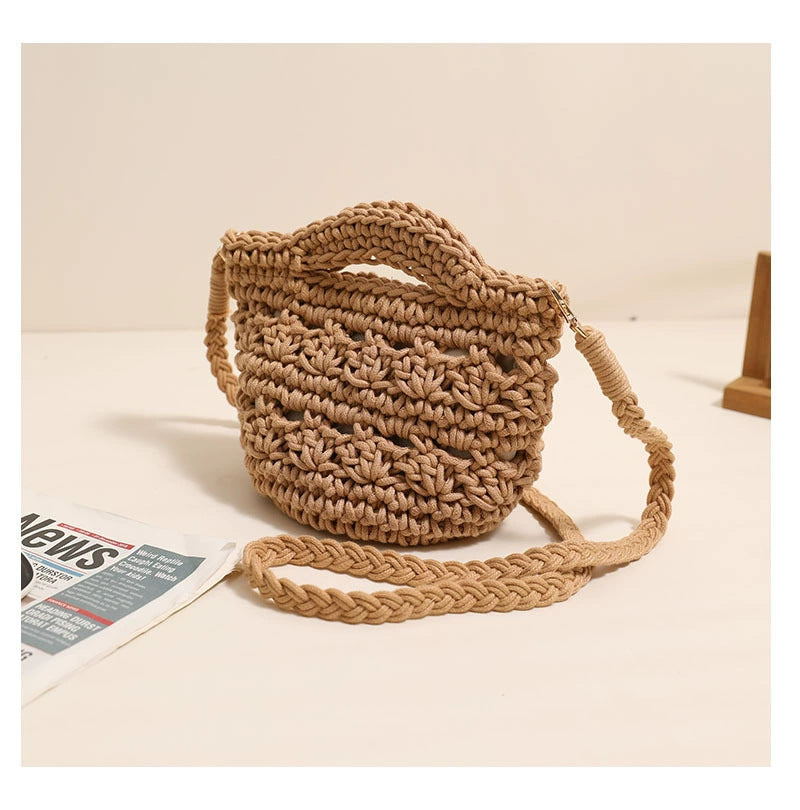 Crossbody Rope Cotton Thread Woven Bag Crochet One Size Colorful Crossbody Cotton Thread Coffee without Lining
