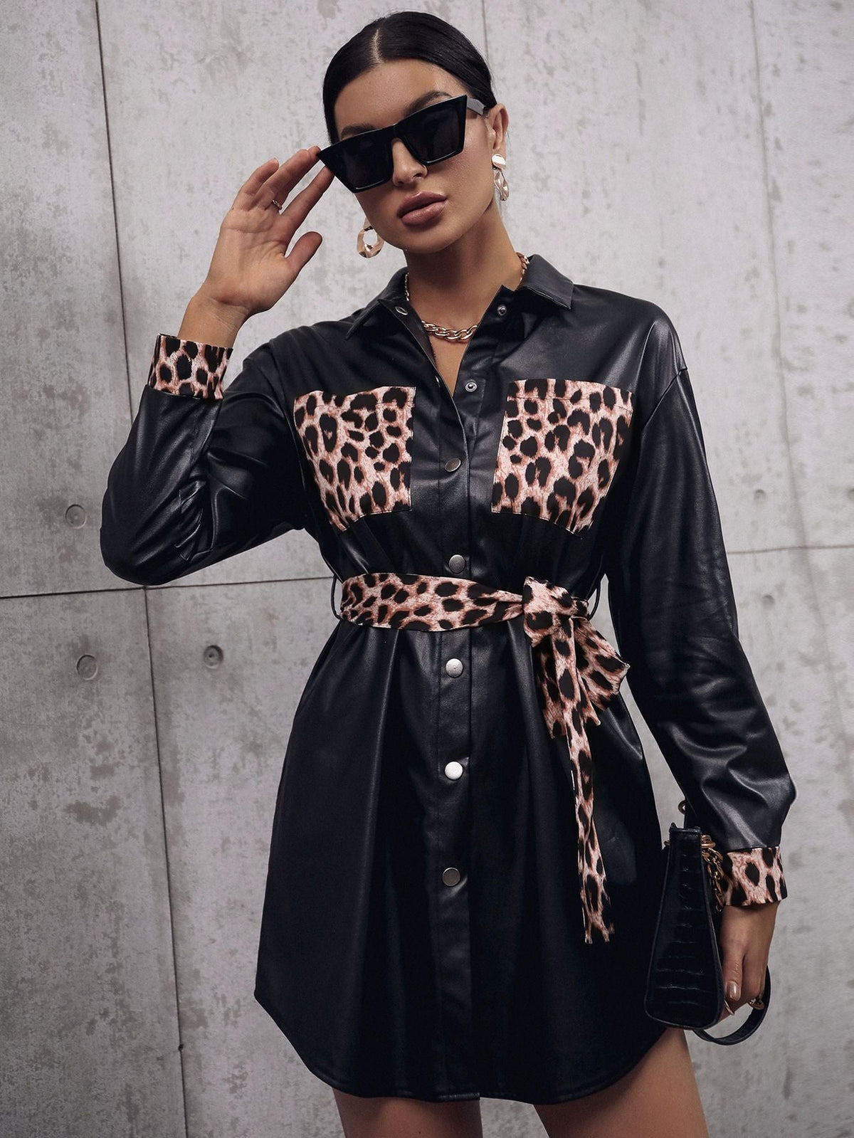 Faux Leather Leopard Trench Coat