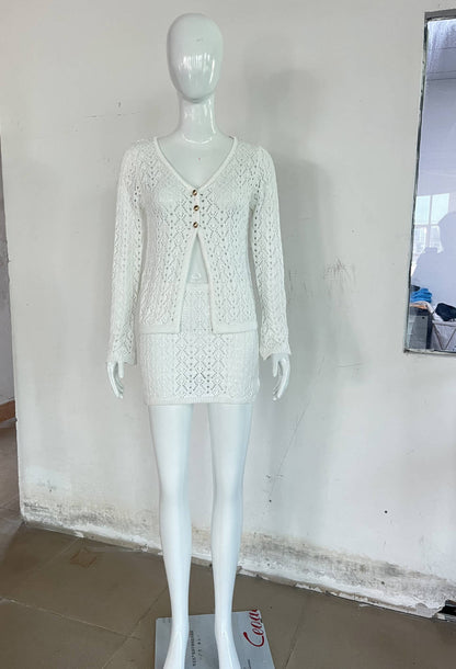 Beach Bohemian Color Contrast Short Sexy V Neck Top Half Length Knitting Suit Short Skirt Women White